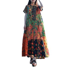 FioraMosaic Floral Patchwork Maxi Dress, Short Sleeve Button-Down, Cotton Tiered Design, Multicolor (US, Alpha, Large, Regular, Regular, Yellow)