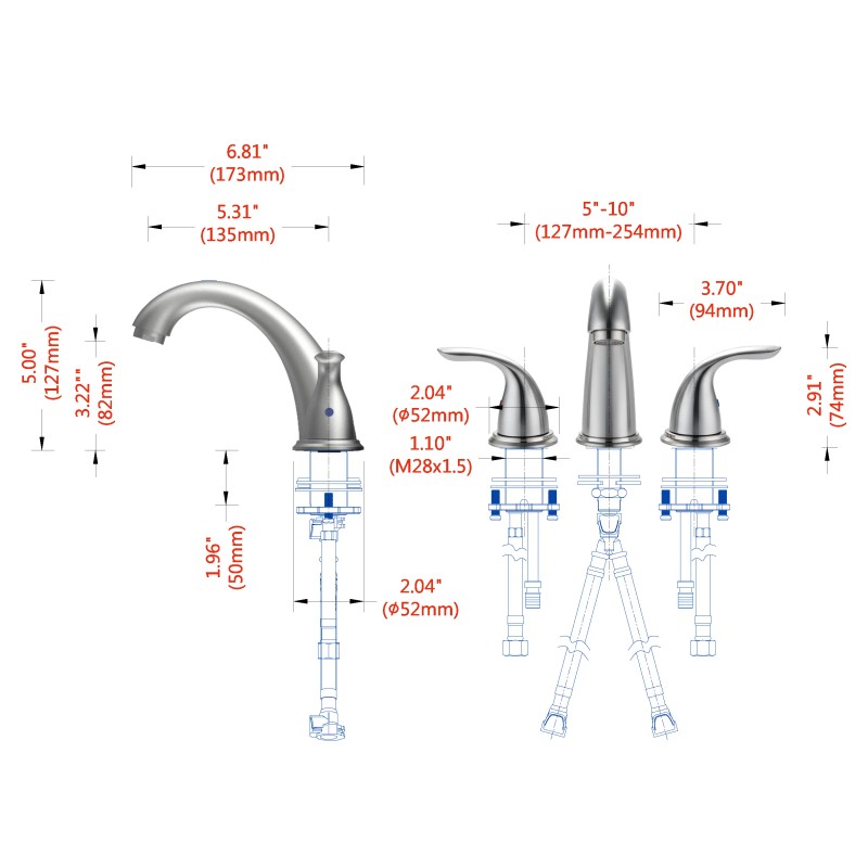 Bathroom Faucet Brushed Nickel Alloy Widespread Deck-Mounted 3-Hole 2-Handle Modern