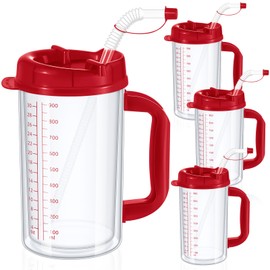 Kritkin 32 oz Hospital Water Cup with Straw and Lid Insulated Double Walled Water Cup with Handle and Straw Elderly Bottle Plastic Drinking Hospital Carafe Insulated Mug(Red,4)