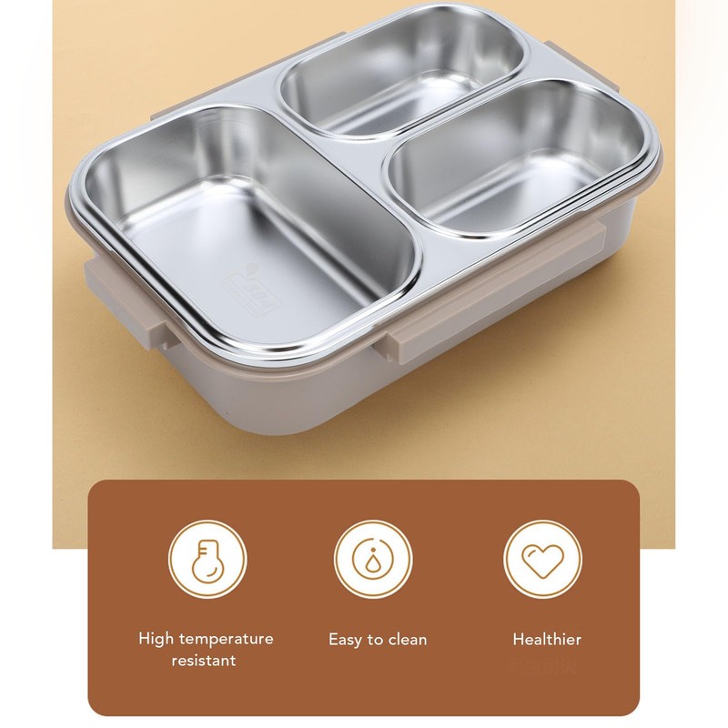 Lunch Box, 1.2L Khaki Stainless Steel Lunch Container 3 Compartments