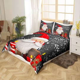 Manfei Christmas Duvet Cover Set Queen Size Santa Claus with Candles and Gift Boxes Print Bedding Set 3pcs for Kids Boys New Year Theme Comforter Cover Winter Snow Quilt Cover with 2 Pillowcases