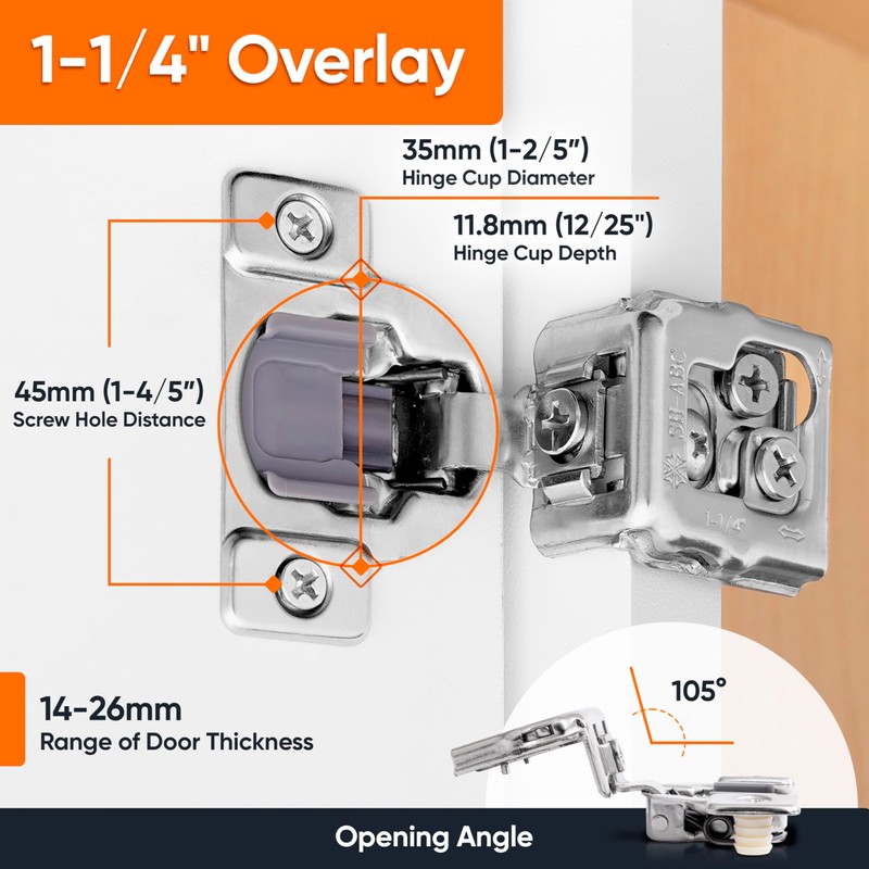 DecoBasics 2 Pack 1-1/4" Overlay Soft Close Cabinet Hinges for