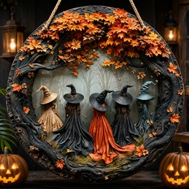 Gothic Witch Wooden Hanging Decor, 7.87-Inch 2D Flat Halloween Wall Sign, Multicolor Seasonal Decoration for Home, Door and Party Display