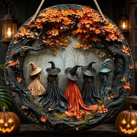 Gothic Witch Wooden Hanging Decor, 7.87-Inch 2D Flat Halloween Wall Sign, Multicolor Seasonal Decoration for Home, Door and Party Display