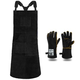Welding Apron for Men with Gloves - Heat & Flame-Resistant Leather Work Shop Blacksmith Aprons, 24"X42", Adjustable M to XXXL, Black