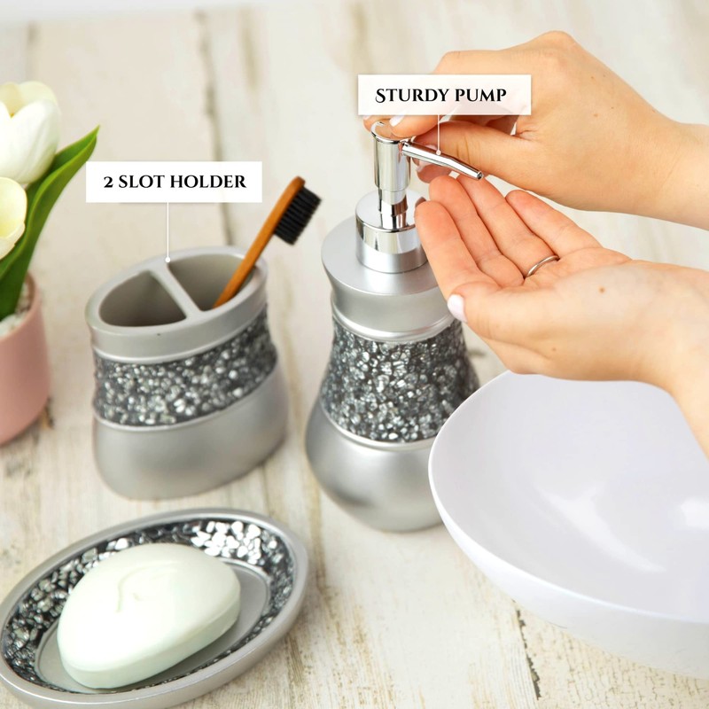 Crackled Glass Silver Bathroom Accessories Set - 6 Piece Bathroom