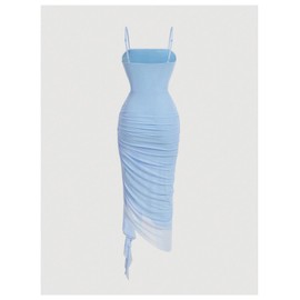 BEAUDRM Women's Ruffle Cami Dress Spaghetti Strap Asymmetrical Hem Sleeveless Bodycon Y2k Midi Dresses Blue Small