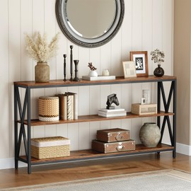 MAHANCRIS 63" Sofa Table, Industrial Console Table, 3-Tier Narrow Side Table with Open Shelves, Foyer Table for Entryway, Hallway, Kitchen, Living Room and Bedroom, Rustic Brown CTHR800301