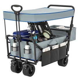 DWVO 3 in 1 Collapsible Wagon w/Removable Canopy, Heavy Duty Foldable Garden Cart w/Rear Storage, Push&Pull Folding Utility Cart for Outdoor Activities, Gardening, Shopping, Gray