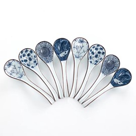 Ceramic Soup Spoons, Asian Soup Spoon Japanese Ramen Spoons,Long Handle Perfect Depth Spoon Set for Soup Dumpling, Pho, Noodles, Miso, Chinese Wonton, Dishwasher Safe- Set of 8- Blue