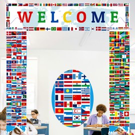 3pcs Over 200 International Flag Banner 71 Inch Classroom Welcome Banner Country Flags World Flag Bunting Porch Sign for Sports Events Soccer Birthday Party Supplies (White)