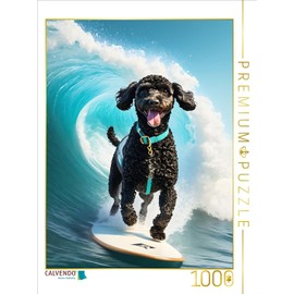 CALVENDO Puzzle Poodle Surfing - Black Poodle on a Surfboard | 1000 Pieces Size 19" x 25"