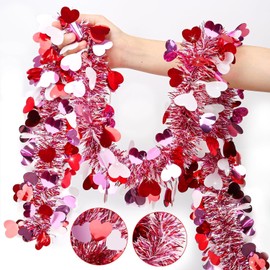 33Ft Valentine's Day Tinsel Garland, Red Heart Tinsel Garland for Mantle, Pink Tinsel Garland for Valentines Tree Decor, Shiny Thin Tinsel Garland Valentines Stairs Railing/Ceiling Decorations