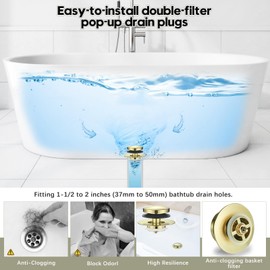 Washever Universal Bathtub Stopper, Pop Up Bath Tub Drain Stoppers, EZ Install Bathtub Drain Replacement Trim Kit, Replaces Lift and Turn, Tip-Toe and Trip Lever Drains for Tub(Brushed Gold)