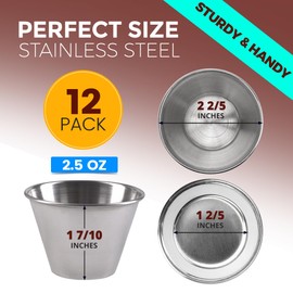 Fit Meal Prep [12 Pack 2.5 oz Stainless Steel Dipping Sauce Cups, Reusable Metal Ramekins, Commercial Grade Condiment Bowls, Individual Portion Cups, Small Round Au Jus Cup for Home, Restaurant