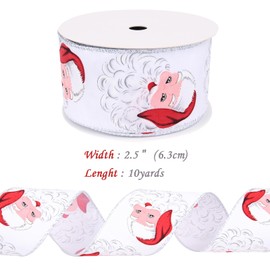 Christmas Ribbon with Santa Claus Faces, Wired Edge Ribbon,White,10 Yards
