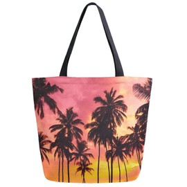 ZzWwR 3d Beautiful Tropical Sunset Beach Palm Trees Print Extra Large Canvas Beach Travel Reusable Grocery Shopping Tote Bag Portable Storage HandBag