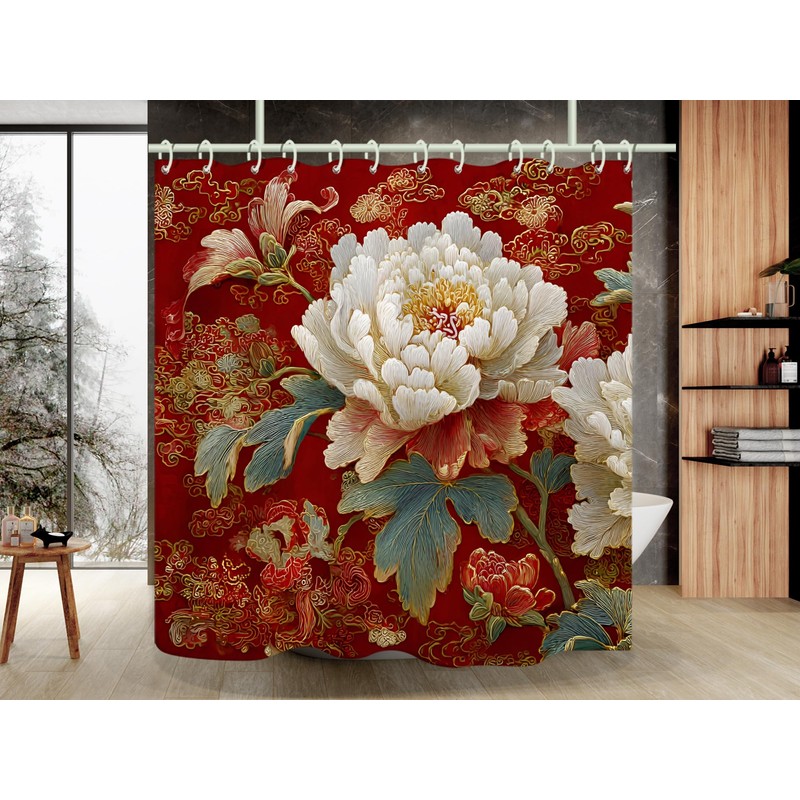 WODEJIA Red Peony Shower Curtain, Chinese Style Floral Embroidery Bathroom