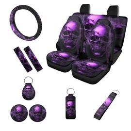 Jndtueit Purple Skull Flame Fire Car Accessories Set of 12 Automobile Front and Rear Split Bench Car Seat Covers Footprint Seat Belt Pads Lipstick Organizer Case Steering Wheel Cover Coaster