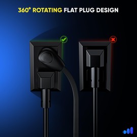 Maximm Cable 12ft 360° Rotating Flat Plug Extension Cord/Wire, 16 AWG Multi 3 Outlet Extension Wire, 2 Prong with Safety Cover - Black - UL Certified