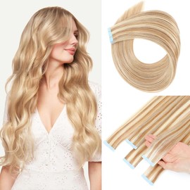 Tape in Hair Extensions Human Hair 100% Remy Hair 20pcs 50g/Pack Straight Seamless Invisible Skin Weft Extensions Easy to Apply and Style (Honey Blonde to Bleach Blonde,14 Inch)