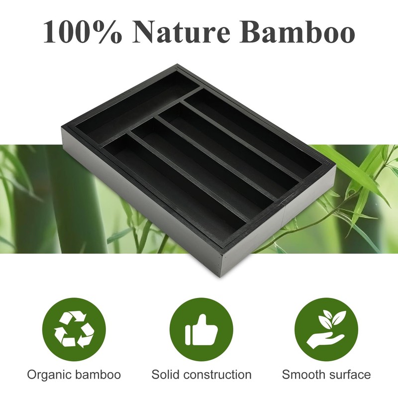 Bamboo Kitchen Drawer Organizer Tray Black Expandable Spoon Silverware Organizer