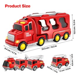 KBIBCK 5 in 1 Feuerwehrauto Spielzeug, Kinder LKW Spielzeug Transporter mit Mini Autos, Autotransporter Spielzeugs mit Sound & Licht,Feuerwehrauto Spielzeugs Set für 3 4 5 6 7 Jahre alt Jungen Mädchen