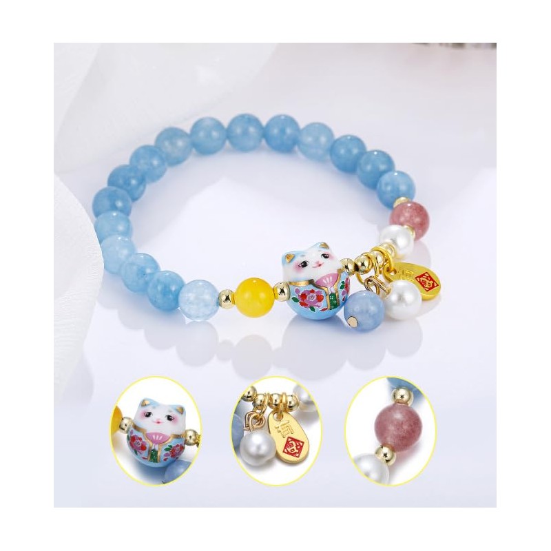 Feng Shui Lucky Cat Bracelet with Blue Crystal & Ceramic