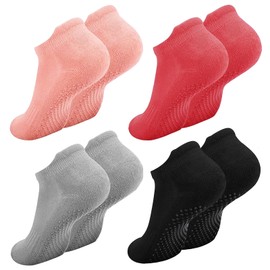 MQWDGJ Women's Stopper Socks, 4 Pairs Non-Slip Socks, Yoga Socks, Grip Socks, Non-Slip Socks, Women's Socks, Non-Slip Socks for Ballet, Pilates, Hospital, Fitness, Black/Grey/Pink/Rose Red