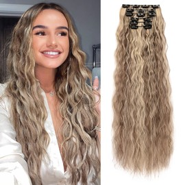 Flufymooz Clip In Hair Extensions,6PCS Hair Extensions Long Mermaid Waves Wavy Synthetic Clip On Hairpiece For Women 24 Inch (Light Brown with Blonde Highlights)