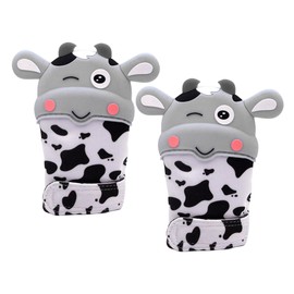 Guante Mordedera para Bebé de Silicona Grado Alimenticio, 1 Par - Alivio de Dentición y Dolor de Encías, Diseño de Vaca Bonita, Libre de BPA, Textura Sensorial Ajustable (Gris)