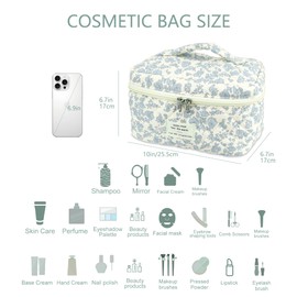 Linpr Large Makeup Bag for Women & Girls, Cute Cosmetic Organiser with Multiple Compartments, Spacious Travel Toiletry Pouch for Make Up Brushes, Skincare or Accessories (BlueWhite, L)