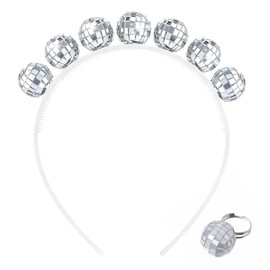 YSTJKD Disco Ball Headband Disco Ball Headpiece Silver Headband Disco Ball Hair Band with Disco Ball Suitable for Disco Costume Parties in the Style of the 70s and 80s Pack of 2