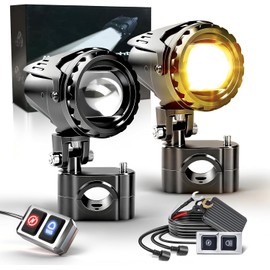BraveWAY 60W 20000LM Motorcycle Fog Lights, LED Motorcycle Auxiliary Lights, 7 Modes Driving Light with White Amber Strobe Flash Mode, Plug and Play with Wiring Harness Kit and 2 Mounting Brackets