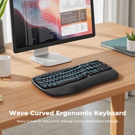 MEETION Wireless Ergonomic Keyboard, Wave Keys Wrist Rest Natural Typing Keyboard, 2.4G Cordless USB A and USB C Adapter, Wireless Computer Keyboard Compatible with Windows/Mac/PC/Laptop, Black