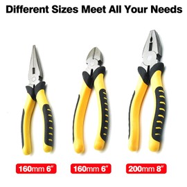 3Pcs Heavy Duty Pliers Set-8" Combination Pliers, 6" Diagonal Cutting Pliers, 6" Long Nose Pliers with Soft Handles