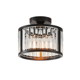 LHLYCLX Black Flush Mount Ceiling Light, 2- Light Caged Crystal Chandelier, Small Drum Hallway Light fixtures Ceiling Mount (8.6 INCH Black)