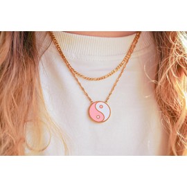 Yin Yang Necklace Set 3 Pack, Pink White Enamel Pendants, Heart & Rectangle Charms, Gold Tone Chains, Matching Friendship Best Friend Couple Jewelry Gift (Rectangle w/Pearls)