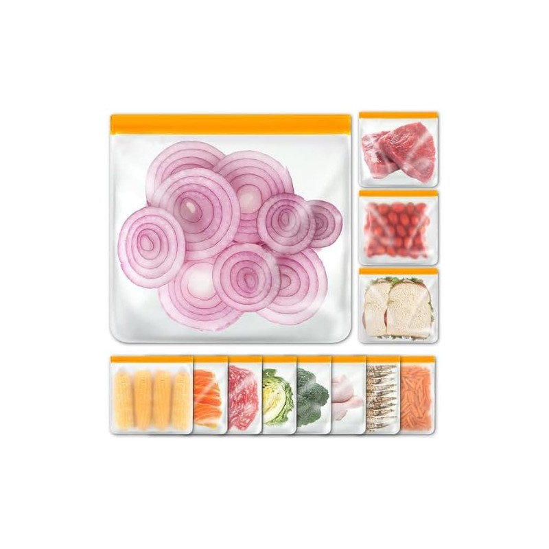 12Pcs Bolsas Reutilizables para Alimentos Herméticas y Ecológicas (Naranja, 28x26cm)