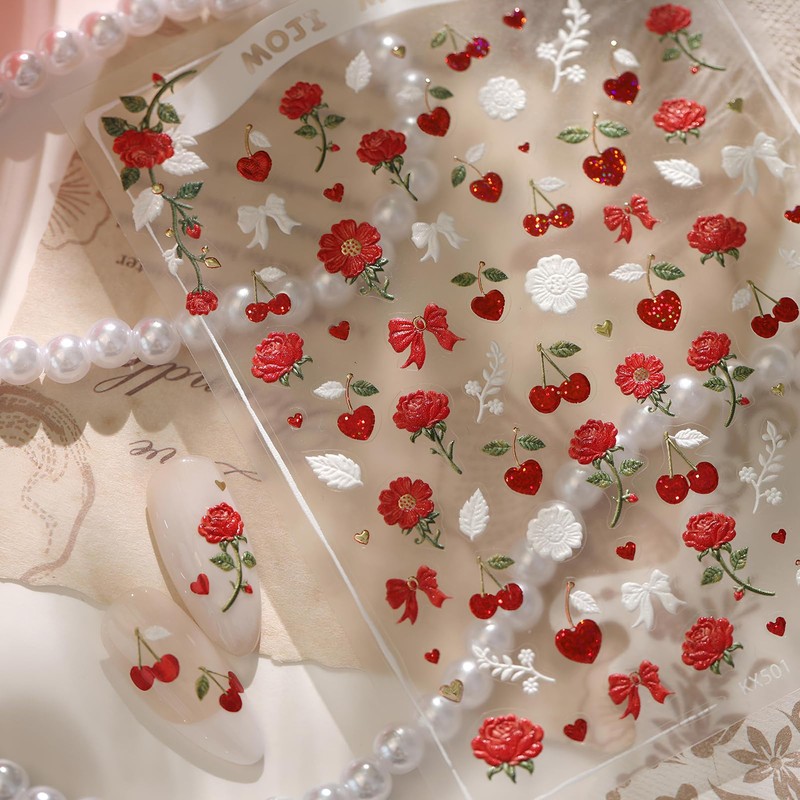 5D Embossed Rose Nail Stickers, Vintage French Cherry Bow Self-Adhesive