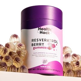 Health Hack Resveratrol en Gomitas, Berry Stack con 200 mg de Resveratrol, 300 mg Açaí, 250 mg Arándano, Semilla de Uva y Vitamina C, Sabor Uva, Sin A