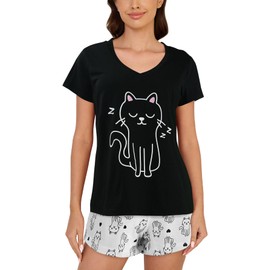 YIJIU Women's Soft V Neck PJS Cute Short Sleeve Shorts Sets Comfy Sleepwear 2 Piece Pajama Loungewear,Black Cat,M