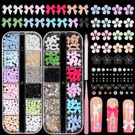 3D Flower Nail Charms and Bows Charms, Colored Bowknot Petal Blossom Beads Pearl Nail Gems Gold Silver Metal Nail Beads, Rivet Gems for Nails Art DIY Design