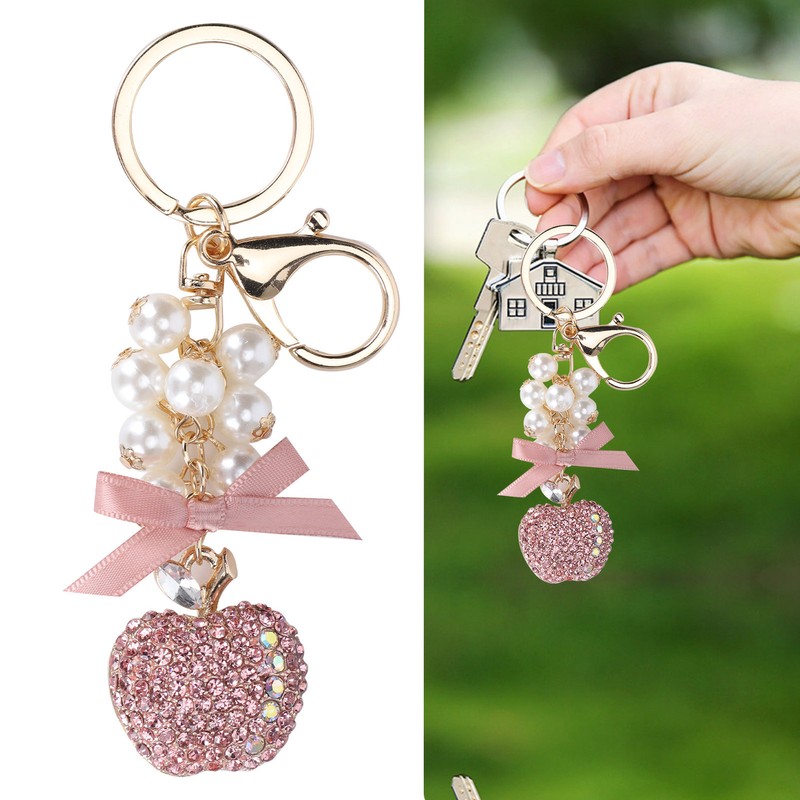 2Pcs Keychain Pendant Pearl DiamondStudded Fruit Shape Key Ring Girl