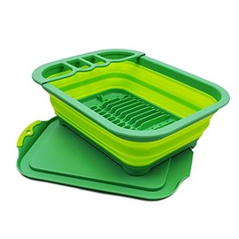 SAMMART 7.5L (2 Gallon) Collapsible Dish Drainer with Drainer Board - Foldable Drying Rack Set - Portable Dinnerware Organizer - Space Saving Kitchen Storage Tray (Dark Green/ Fluorescent Green, 1)