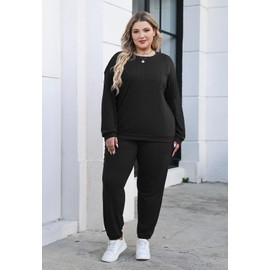 Nemidor Womens Plus Size 2 Piece Fall Matching Lounge Sets Tracksuits Casual Ribbed Knit Long Sleeve Outfits with Pocket(575,4X,Black)