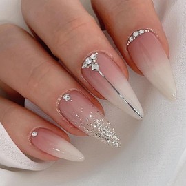 Pink Press on Nails Almond Medium Length Fake Nails Silver Glitter Glue on Nails Press ons Gradient Pink Full Cover Artificial False Nails Rhinestones Lines Stick on Nails for Women Girls 24 Pcs