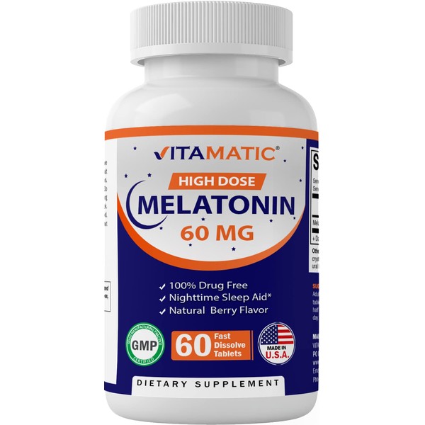 Vitamatic Melatonin 60mg Fast Dissolve Tablets - 60 Vegan Natural Berry Flavor Tablets - Non-Habit Forming - Non-GMO, Gluten Free (1 Bottle)
