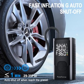 PumForce Cordless Tire Inflator, 150 PSI Portable Air Compressor Pump with LED Digital Gauge, Auto Shut-Off, Three-Mode Flashlight, USB-C, for Car, Motorcycle, Bike, Ball