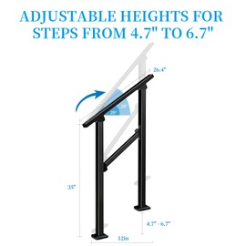 2 Step Handrail for Outdoor Step,Metal Porch Stair Railing 2 Steps Handrails Black Wrought Iron Handrail kit for Concrete, Porch Steps